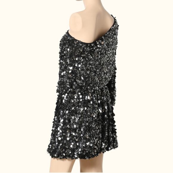 TIBI Black One Shoulder Silk Sequin Mini Dress - Picture 7 of 12